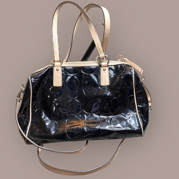 Excellent Used Vintage Coach Signature Stripe Embossed Peyton Patent Satchel Bag - Picture 2 of 6